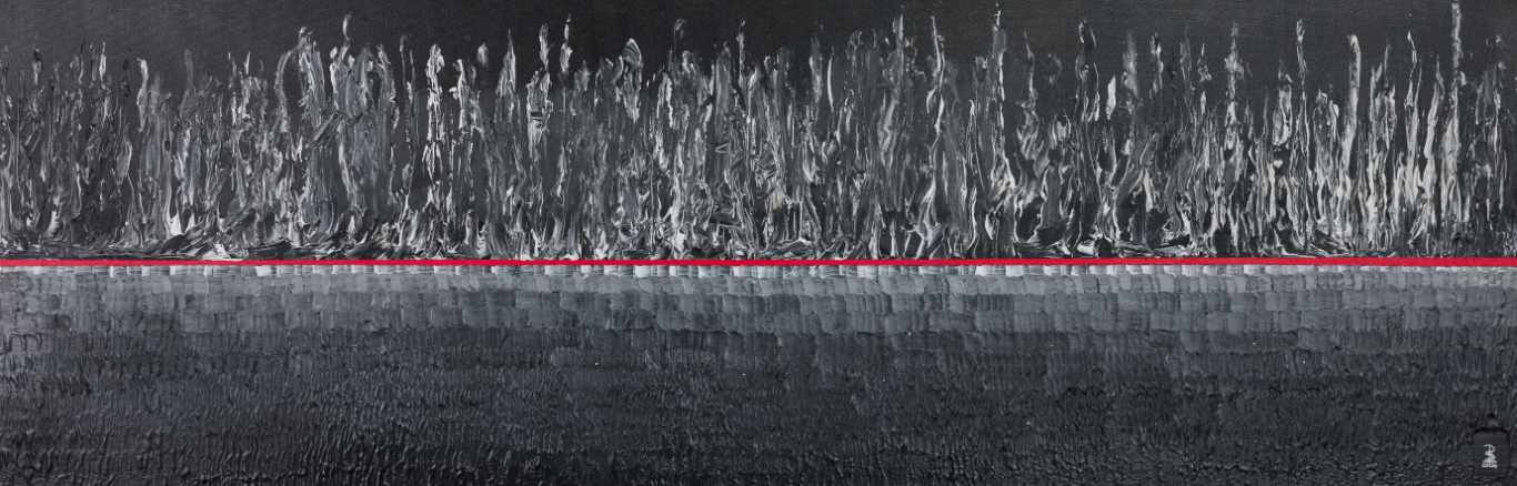 gemaltes Bild: rote, horizontale Linie, darüber und darunter schwarz-weiß-graue Strukturen