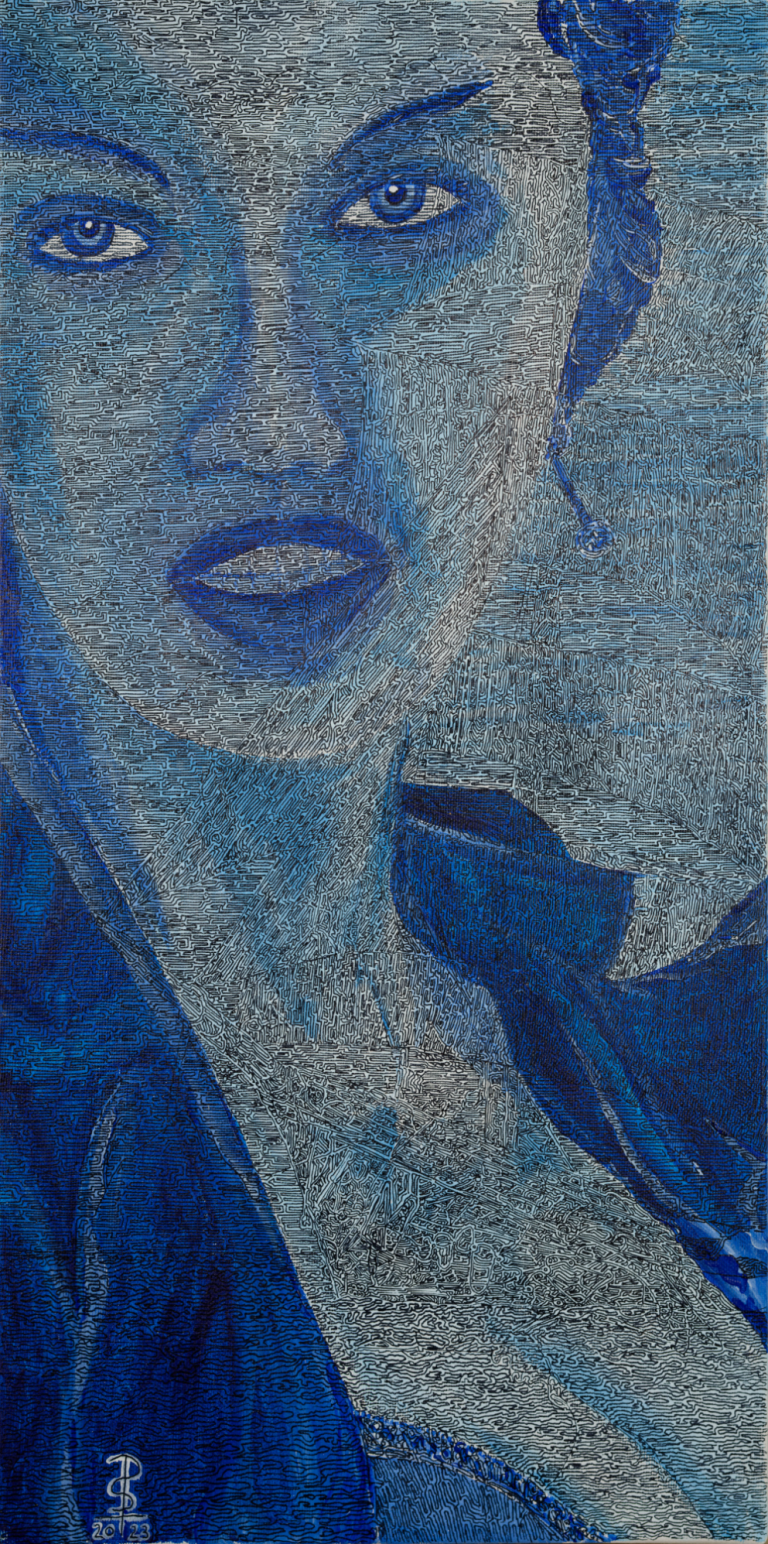 gemaltes Bild mit einer Frau in Blau und einem Segelschiff